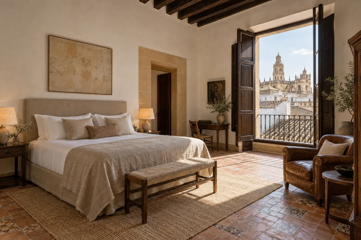 Habitación doble con cama de matrimonio y tonos cálidos.