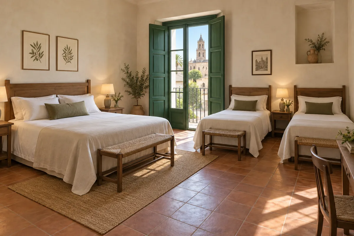 Habitación familiar con una cama de matrimonio y dos camas individuales.