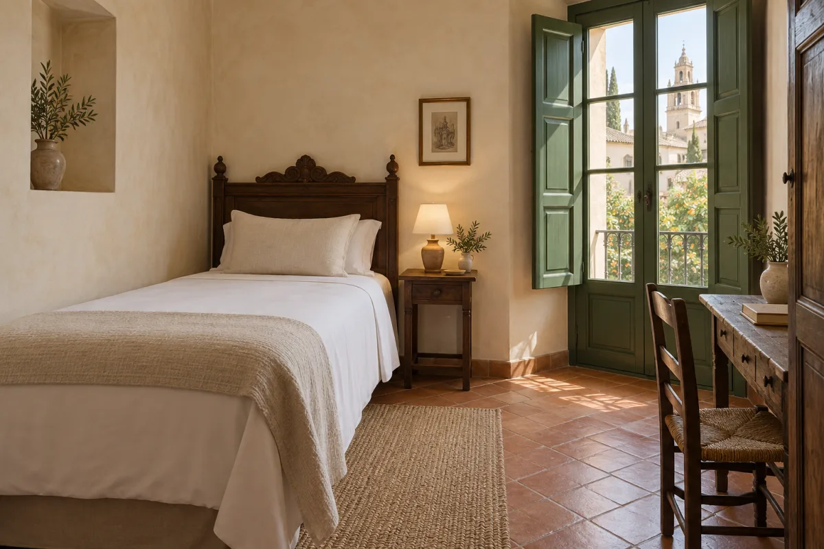 Una cama individual entre paredes de cal y detalles de madera.