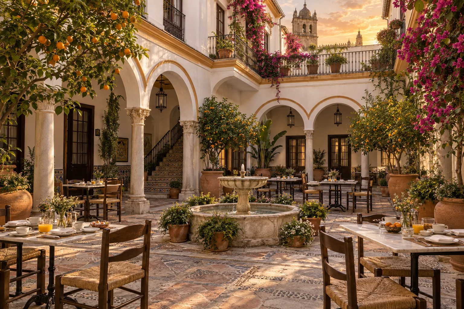 El patio de columnas al atardecer: arcos encalados sobre capiteles de mármol, naranjos en macetas de barro, una fuente de piedra en el centro y las mesas del desayuno puestas; al fondo, sobre la galería, la torre de la Catedral.